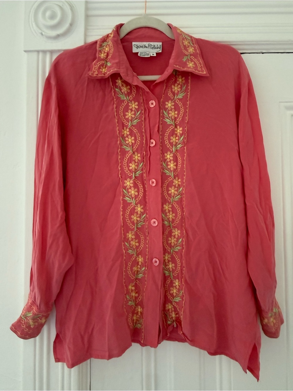 Diane Von Furstenberg Vintage Coral Pink Embroidered Button-Down Silk Blouse